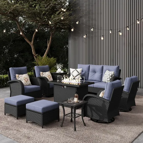 Miniatura 40 de LayinSun - Juego de 10 piezas de muebles seccionales de patio para el aire libre con mesa para fogata, juegos de sillas giratorias reclinables