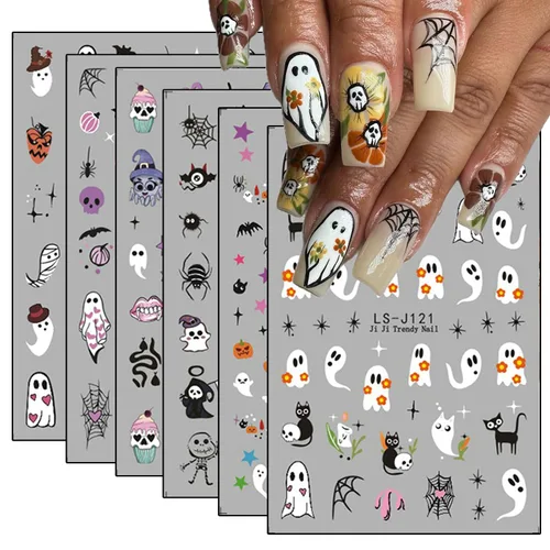 Miniatura 16 de 8 hojas de calcomanías de uñas de Halloween con diseños de fantasmas lindos, calabaza, araña, telaraña, sangre, llama 3D, autoadhesivas, Otoño