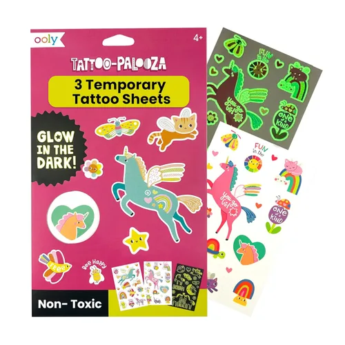 Ooly Más de 40 tatuajes temporales que brillan en la oscuridad para niños, tatuajes temporales seguros y no tóxicos, regalos de fiesta para niños -