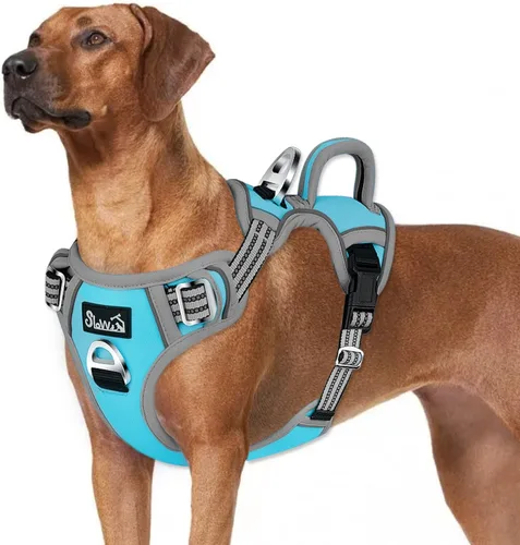 Miniatura 15 de SlowTon Arnés para perro sin tirones, arnés resistente sin estrangulamiento para mascotas, con 2 clips para la correa y mango vertical de fácil