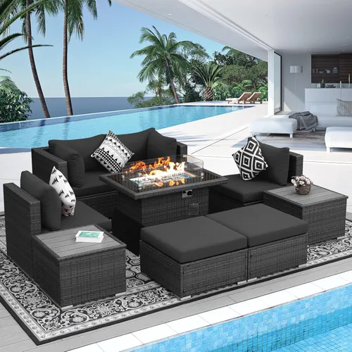 Miniatura 87 de NICESOUL Juego de muebles de patio para exteriores de 7 piezas con mesa para hoguera, gas natural y propano convertible, respaldo alto de 29.3