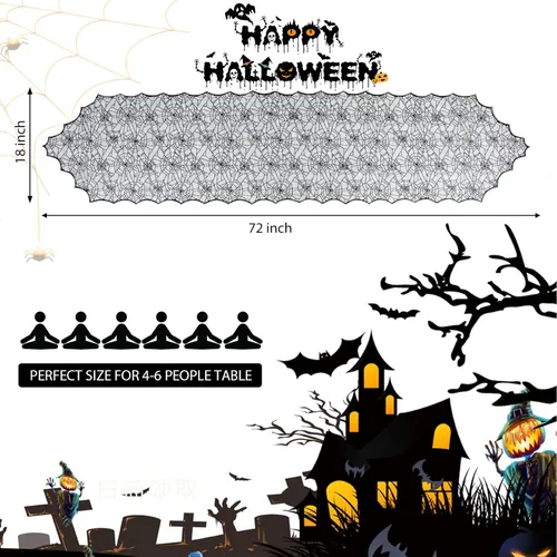 Miniatura 4 de Camino de mesa de Halloween, tela de araña de encaje negro, para decoración de Halloween, fiesta, decoración de mesa de comedor, 18 x 72 pulgadas