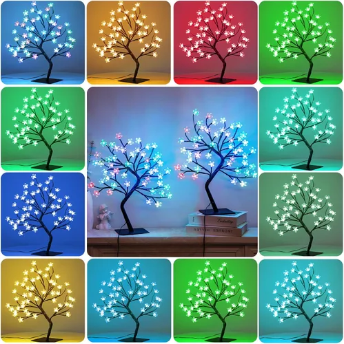 BDUSXYZ Juego de 2 Árboles de Cerezo Iluminados - 48 LED, 16 Cambios de Color, 4 Modos, Árbol Bonsái Artificial Enchufable como Luces Nocturnas para