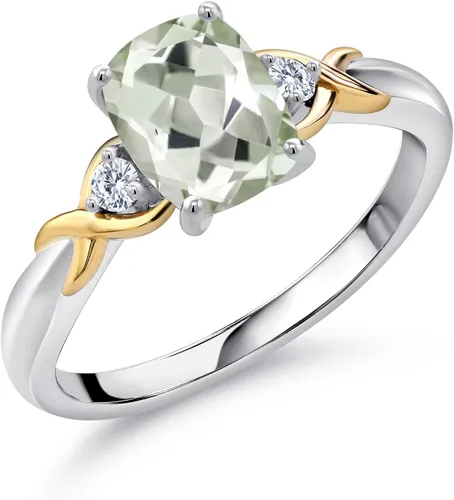 Miniatura 50 de Gem Stone King Anillo de compromiso de 3 piedras preciosas de plata 925 y oro amarillo de 10 quilates de 0.315 x 0.236 in de talla cojín y diamante