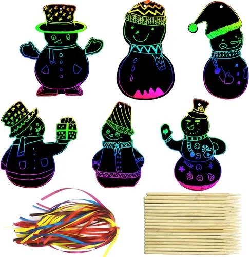 PARSUP 72 piezas de papel de rascar con muñeco de nieve de Navidad, adornos de rascar de color arco iris, decoraciones de Navidad, adornos