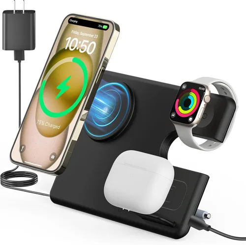 Cargador inalámbrico para estación de carga Mag-Safe: JoyGeek 3 en 1, soporte de viaje magnético para iPhone 15, 14, 13, 12 Pro Max Plus, Apple
