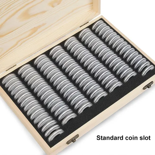Miniatura 2 de Soporte para cápsulas de monedas de madera, caja de almacenamiento de monedas con junta de espuma para suministros de colección de monedas