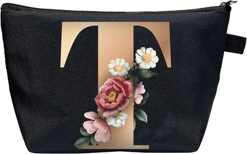 Miniatura 8 de CTNUOBEE Bolsa de comestic con letras del alfabeto dorado con bolsa de maquillaje de flores, bolsa de viaje portátil con cremallera, bolsa de aseo