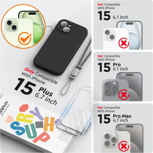 Miniatura 2 de SURPHY Funda diseñada para iPhone 15 Plus con protector de pantalla y cordón, correa de teléfono y funda de silicona líquida para teléfono