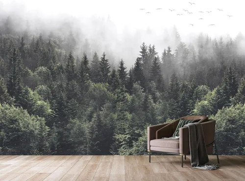 Miniatura 2 de Papel pintado de bosque brumoso del bosque, paisajes naturales verdes, murales de pared para dormitorio y sala de estar (no despegar y pegar)