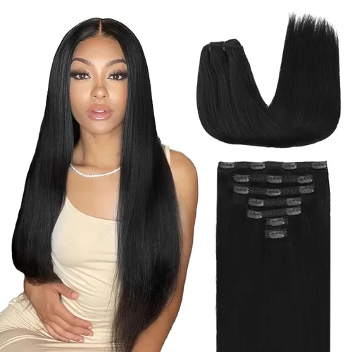 Miniatura 83 de Lashey - Extensiones de cabello con clip sin costuras, de cabello humano real, 7 unidades, 110 g, 14 pulgadas, color negro natural, lacio