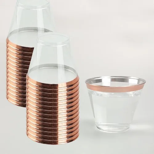 Miniatura 8 de QPEY Paquete de 50 vasos de plástico con borde de oro rosa, vasos desechables de 9 onzas de oro rosa de alta calidad, copas de vino de plástico duro
