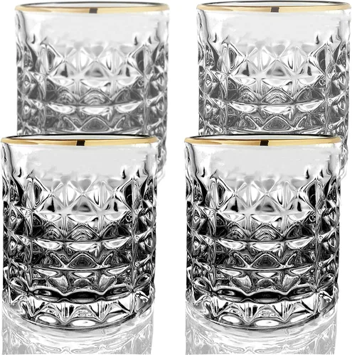 Amehla Co. Gold Rimmed Whiskey Rocks - Juego de vasos de cóctel | 10 onzas | el juego de vasos perfecto para whisky, bourbon, cócteles antiguos