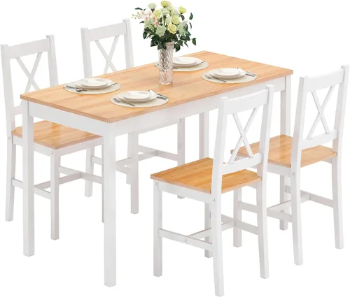 Miniatura 9 de soges Juego de sillas de mesa de comedor de cocina para 4, mesa de comedor de madera de pino de 42.5 pulgadas con 4 sillas, juego de sillas de mesa