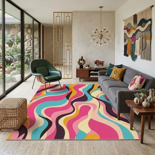 Alfombra abstracta colorida de 2 x 3 pulgadas, lavable con rayas onduladas para entrada, dormitorio, cocina, alfombra retro de los años 70 para