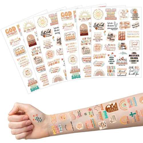 Miniatura 6 de Calcomanías de tatuajes temporales cristianos – Más de 150 decoraciones de fiesta de cumpleaños con versículos bíblicos, suministros de fiesta