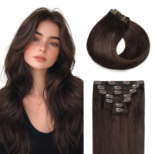 Missme Extensiones de cabello humano real con broches, 14 pulgadas, 4.33 oz, 7 unidades, extensiones de cabello lacio invisible, sin costuras, doble