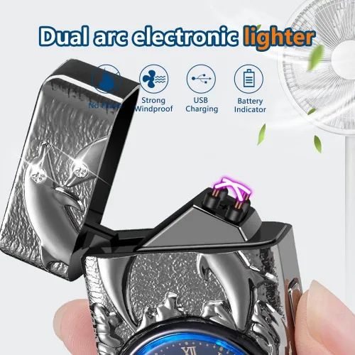 Miniatura 2 de GADATOP Encendedor eléctrico recargable a prueba de viento, encendedor de plasma con alivio de delfines 3D, reloj integrado con luz LED para uso