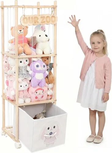 Almacenamiento de animales de peluche con contenedores de tela extraíbles y ruedas de bloqueo, organizador de juguetes de madera 2 en 1 y estante de