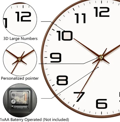 Miniatura 7 de Reloj de pared de grano de madera, silencioso sin tictac, funciona con pilas, 8 pulgadas, números grandes y fáciles de leer, reloj analógico moderno