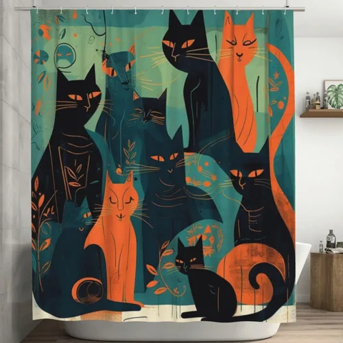 Miniatura 8 de YLATY1519 - Cortina de ducha abstracta de gatos para baño, divertido juego de cortina de ducha estilo hippie con diseño bohemio, tela moderna e