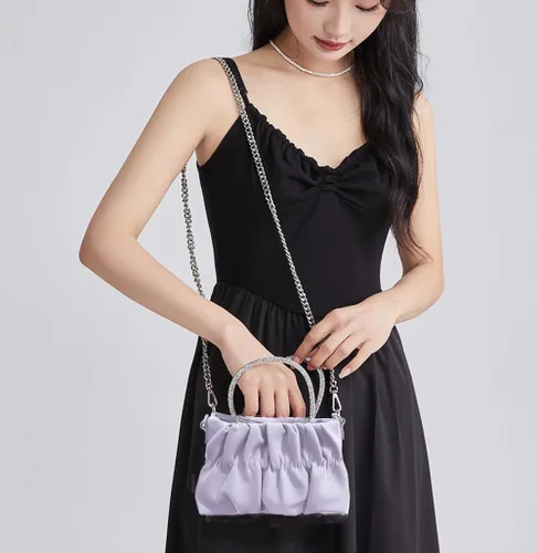 Miniatura 3 de Bolsos de cuero suave para mujer, bolsos de noche con diamantes de imitación de boda, elegante bolso de mano de fiesta, bolso cruzado morado, Púrpura