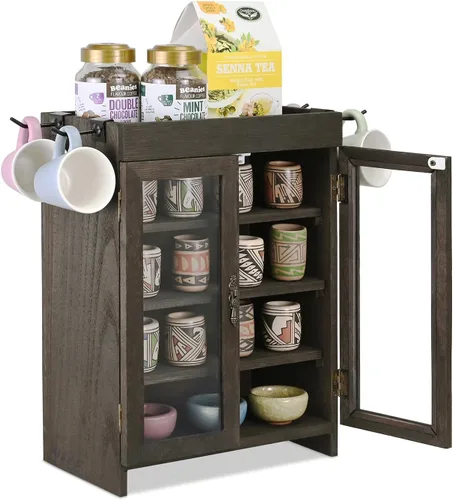 Miniatura 13 de Ikee Design Armario de almacenamiento de madera para encimera. Organizador personalizable con estantes ajustables, puerta de ventana de vidrio