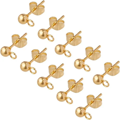 PH PandaHall 100 aretes tipo dormilona de acero inoxidable hipoalergénicos chapados en oro de 24 quilates con tuercas de oreja, aretes de bola con
