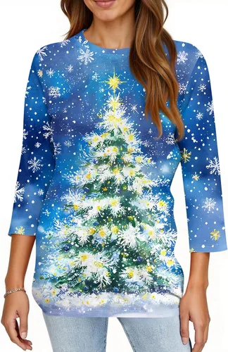 Miniatura 38 de Camisetas de manga 3/4 para mujer, cuello redondo, holgadas, casuales, con estampado floral, camisetas de moda para el trabajo de negocios