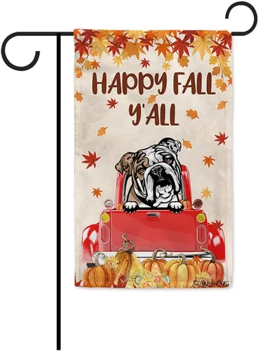 Miniatura 27 de Bandera con texto en inglés «Happy Fall Y'all» con diseño de perro inteligente con calabaza en camión rojo y hojas de arce, pancarta de otoño