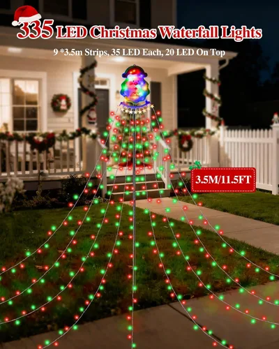 Miniatura 2 de Guirnalda de luces de cascada de Navidad para exteriores, luces de árbol de Navidad con 335 luces LED de 11.48 pies, 9 hebras, 8 modos
