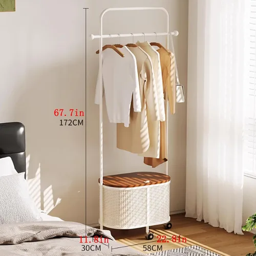 Miniatura 2 de Perchero giratorio de 360°, perchero de metal para ropa, con ruedas y cesta de almacenamiento de gran capacidad, perchero para colgar ropa