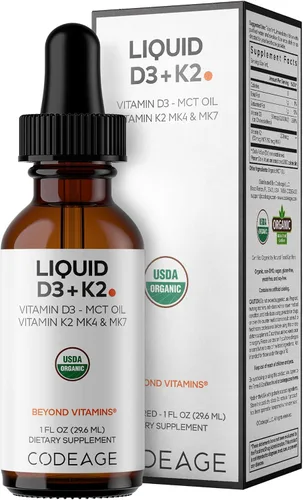 Codeage Vitaminas líquidas D3+K2 USDA Organic – Vitamina D3 2000 UI, vitamina K2 (MK4 y MK7) gotas líquidas – Apoyo inmunológico – Sin sabor –