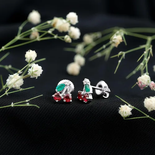 Miniatura 14 de Aretes de cereza esmeralda y rubí natural para mujer, calidad AAA certificada, aretes de tuerca de cereza roja
