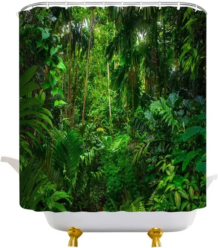 Miniatura 4 de Cortina de ducha de selva tropical, plantas de selva, hojas verdes, bosque, naturaleza, paisaje, cortina de decoración de baño con ganchos