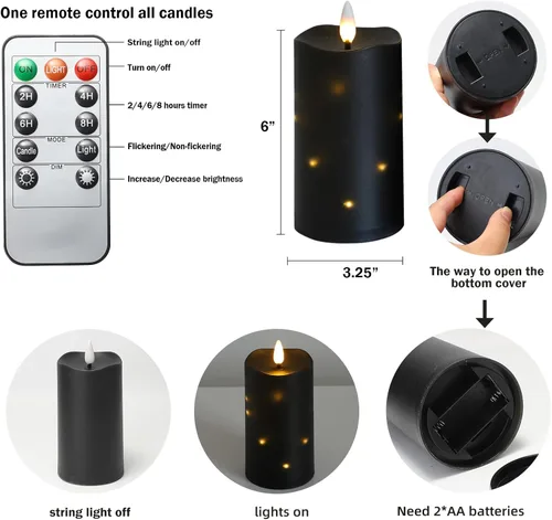 Miniatura 6 de Lezonic Velas Negras Sin Llama Impermeables para Exteriores con Control Remoto, 4 Piezas de Velas LED que Funcionan con Baterías con Llama