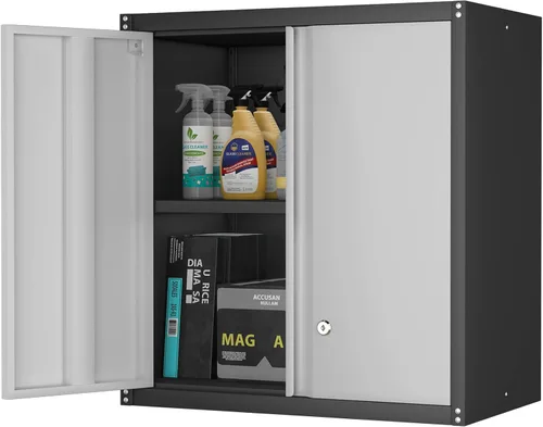 Miniatura 15 de IRONFFICE Locking Cabinet Wall Mounted, Metal Storage Cabinet with Keys, Tool Garage Storage Cabinet with Lockable Doors, Hanging Wall Cabinet for