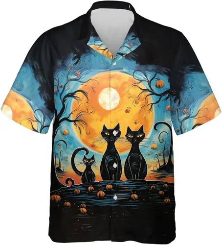 Miniatura 7 de Camisa hawaiana de gato negro para hombre, camisa de noche de Halloween, camisa de manga corta con botones (MP_HW_66)