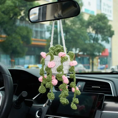 Miniatura 16 de Colgante de cactus de ganchillo para espejo retrovisor de automóvil, plantas peludas, adorno colgante para decoración del interior del automóvil