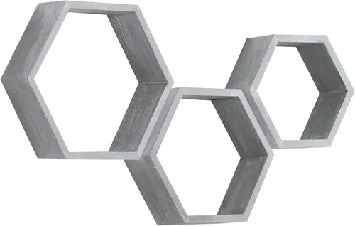 Miniatura 10 de PHOENANCEE - Estantes flotantes hexagonales, juego de 3 estantes de nido de abeja, estantes de pared de madera estilo granja para almacenamiento