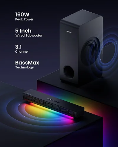Miniatura 8 de MEREDO Barra de sonido para Smart TV 160W 3.1CH PC Gaming Barra de sonido con subwoofer RGB Iluminación Audio Sincronización Sistema de sonido