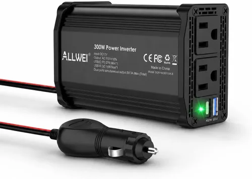 ALLWEI - Inversor de corriente de 300 W, adaptador de toma de corriente con enchufe para coche, CC 12 V a CA 110 V, con cargador rápido USB-C PD de