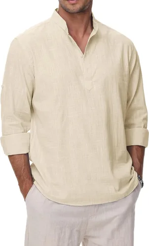 Camisas de Algodón y Lino para Hombres Ligeras Casuales de Manga Larga Henley Playa Hawaianas Tops