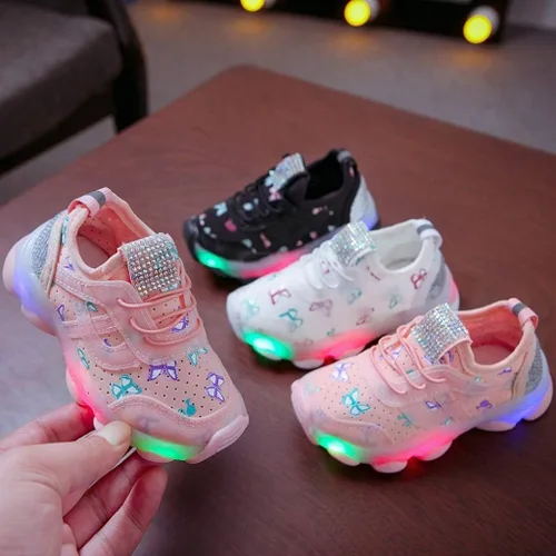 Miniatura 2 de Tenis deportivos para correr para niñas pequeñas con luz LED de cristal de mariposa y luz LED
