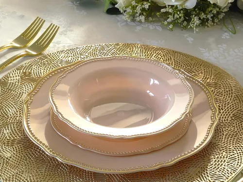 Miniatura 5 de OCCASIONS" Paquete de 50 platos (25 invitados) - Juego de platos de plástico desechables resistentes para fiestas de boda - 25 x 10.25'' para cena