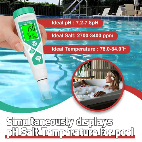 Miniatura 2 de YINMIK Probador de sal de pH de piscina, medidor de salinidad digital para piscina de agua salada, pantalla simultánea pH de sal TDS para estanque