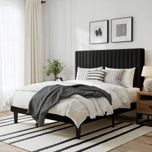 Miniatura 3 de GOLDORO Base de cama tapizada de terciopelo de tamaño matrimonial con cabecera capitoné de canal vertical, soporte de listones de madera,