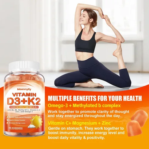 Miniatura 5 de Gomitas de vitamina D3 K2 para adultos – Vitamina D3 5000IU + K2 (MK-7) 120mcg – Suplementos D3 y K2 sin azúcar con omega-3, metilo B12, B9, B6