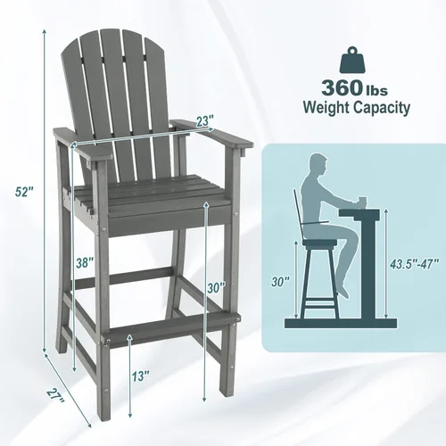 Miniatura 3 de Giantex Taburete de bar HDPE para exteriores, silla Adirondack alta con reposabrazos y reposapiés, taburete de bar de 30 pulgadas de altura de Gris