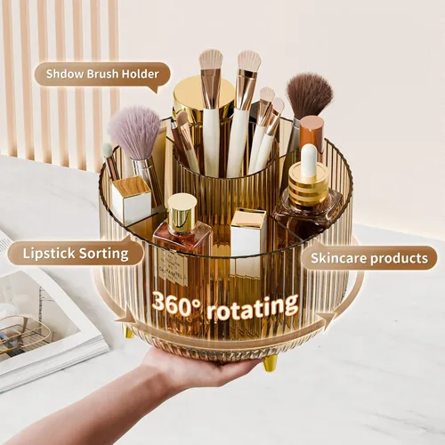 Miniatura 2 de Organizador de maquillaje giratorio transparente para tocador, organizador de brochas de maquillaje de 360° con 5 compartimentos, almacenamiento